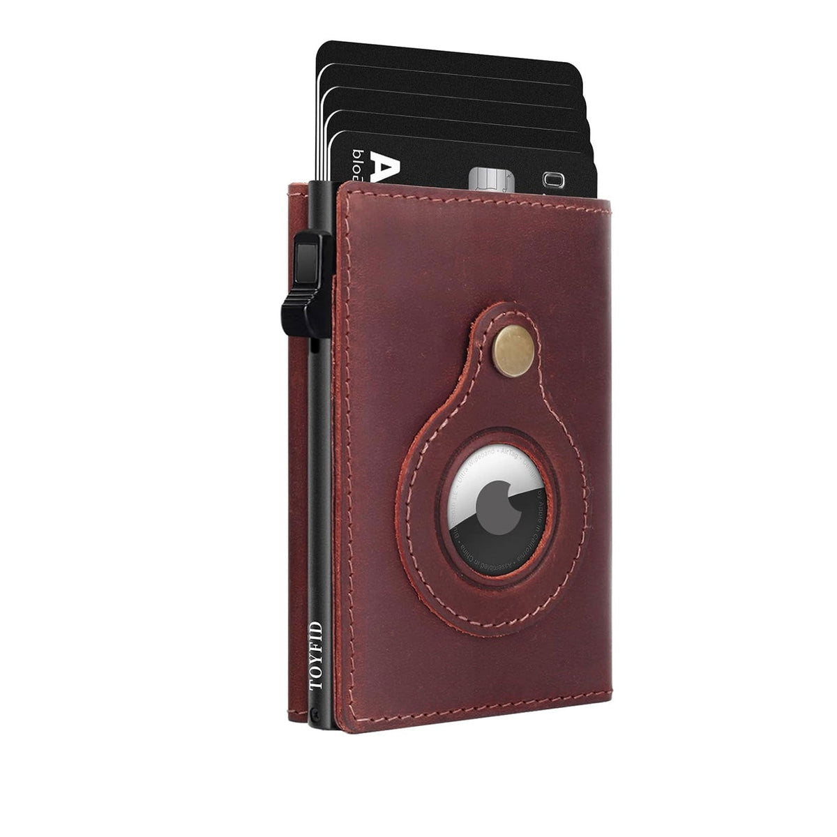 TOYFID Leather Wallet for Men, RFID Blocking Pop up Card Holder with Slide Ejector Button, ID Window, Airtag Slot, Mirror, Large Capacity Organiser for Credit Card/Bank Card/Cash