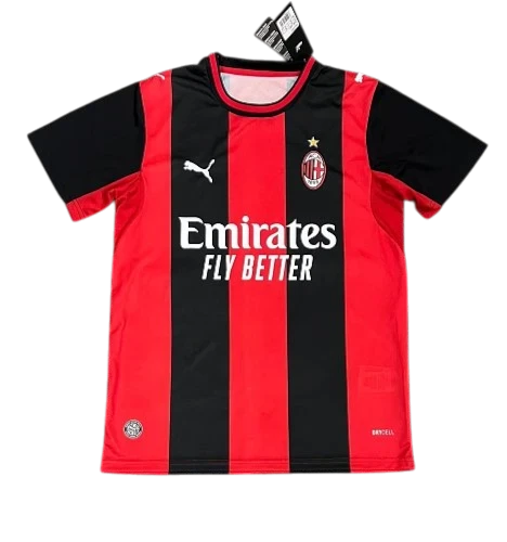 IVO AC Milan soccer jersey featuring red and black vertical stripes, team crest, and sponsor logo on breathable fabric