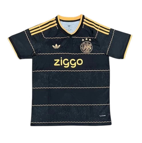 IVO Ajax soccer jersey in black with gold accents, featuring team crest, sponsor logo, and moisture-wicking fabric.