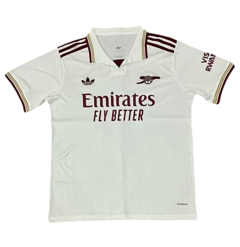 IVO Arsenal soccer jersey in white with maroon accents, featuring a polo collar, team crest, and sponsor logos.