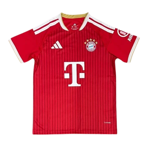 IVO Bayern Munich red performance soccer jersey with white stripes, team crest, and moisture-wicking fabric.
