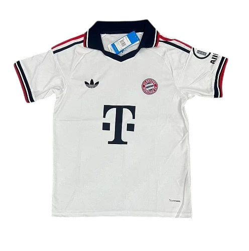 IVO Bayern Munich white performance soccer jersey with navy collar, red accents, and team crest on lightweight fabric
