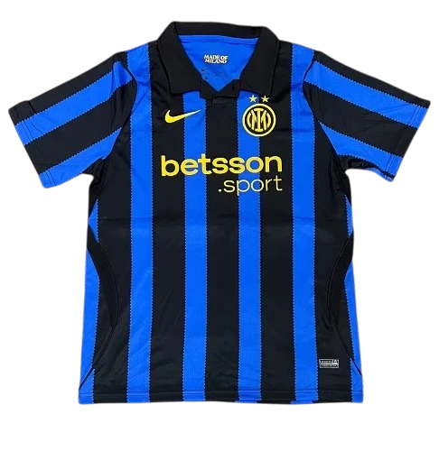 IVO professional soccer jersey in blue and black stripes with team crest, sponsor logo, and polo collar.