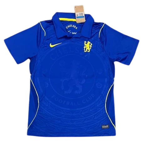 IVO Chelsea soccer jersey in royal blue with yellow accents, featuring a polo collar and moisture-wicking fabric.