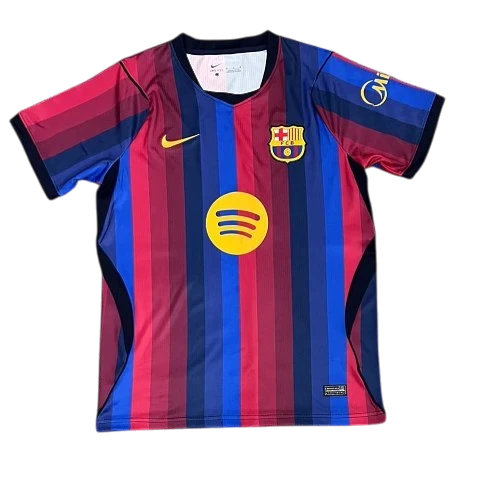 IVO FC Barcelona performance soccer jersey with blue and maroon vertical stripes, yellow sponsor logo, and team crest.
