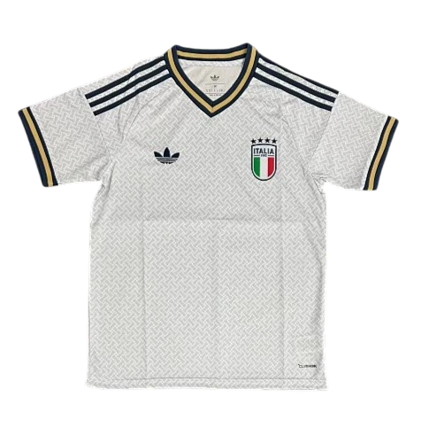 IVO Italy national soccer team performance jersey in white with black trim, team crest, and moisture-wicking fabric.
