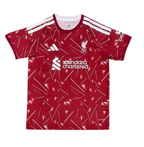 IVO Liverpool FC red performance soccer jersey with white geometric pattern, team crest, and sponsor logos.