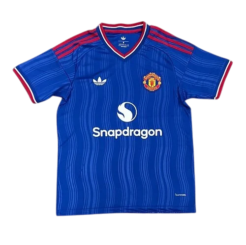 IVO Manchester United blue performance soccer jersey with red stripes, team crest, and sponsor logo