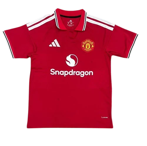 IVO Manchester United red performance soccer jersey with white stripes, team crest, and sponsor logo