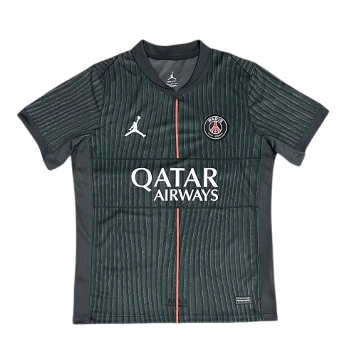 IVO Paris Saint-Germain soccer jersey in black with vertical textured stripes, team crest, and sponsor graphics.