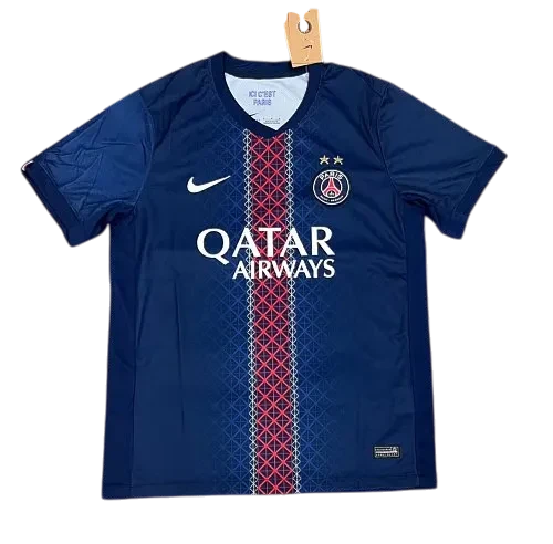 IVO Paris Saint-Germain Nike soccer jersey in navy blue with a red and white vertical center stripe and club crest.