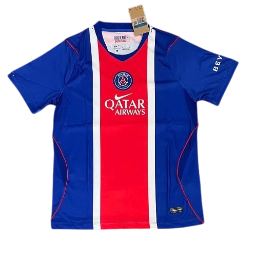 IVO Paris Saint-Germain soccer jersey in blue and red with white stripes, team crest, and sponsor logo.