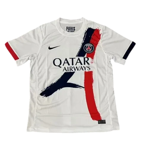IVO Paris Saint-Germain Nike soccer jersey in white with red and navy brushstroke detail and club crest
