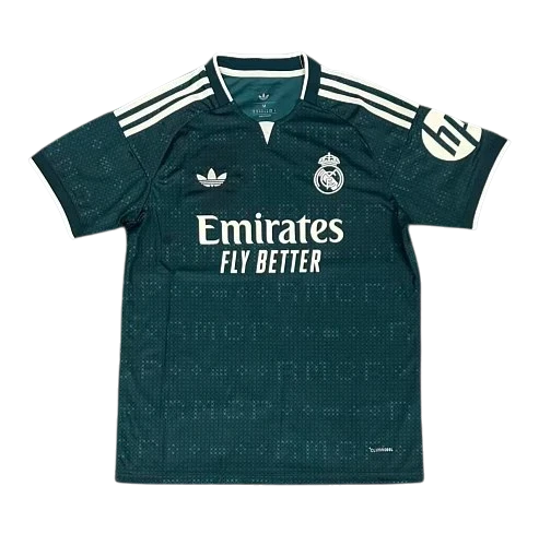 IVO Real Madrid performance soccer jersey in dark green with white accents, team crest, and sponsor graphics.