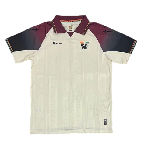 IVO professional soccer performance jersey in cream with maroon and navy gradient sleeves and a checkered collar.