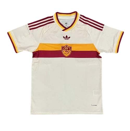 IVO professional soccer jersey in off-white with maroon and yellow chest stripes, team crest, and breathable fabric.