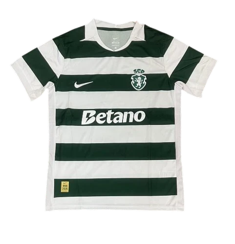 IVO Sporting CP soccer jersey featuring green and white horizontal stripes, team crest, and moisture-wicking fabric.