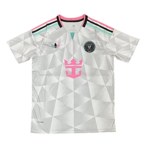IVO professional soccer club performance jersey in white with geometric pattern, pink accents, and team crest.
